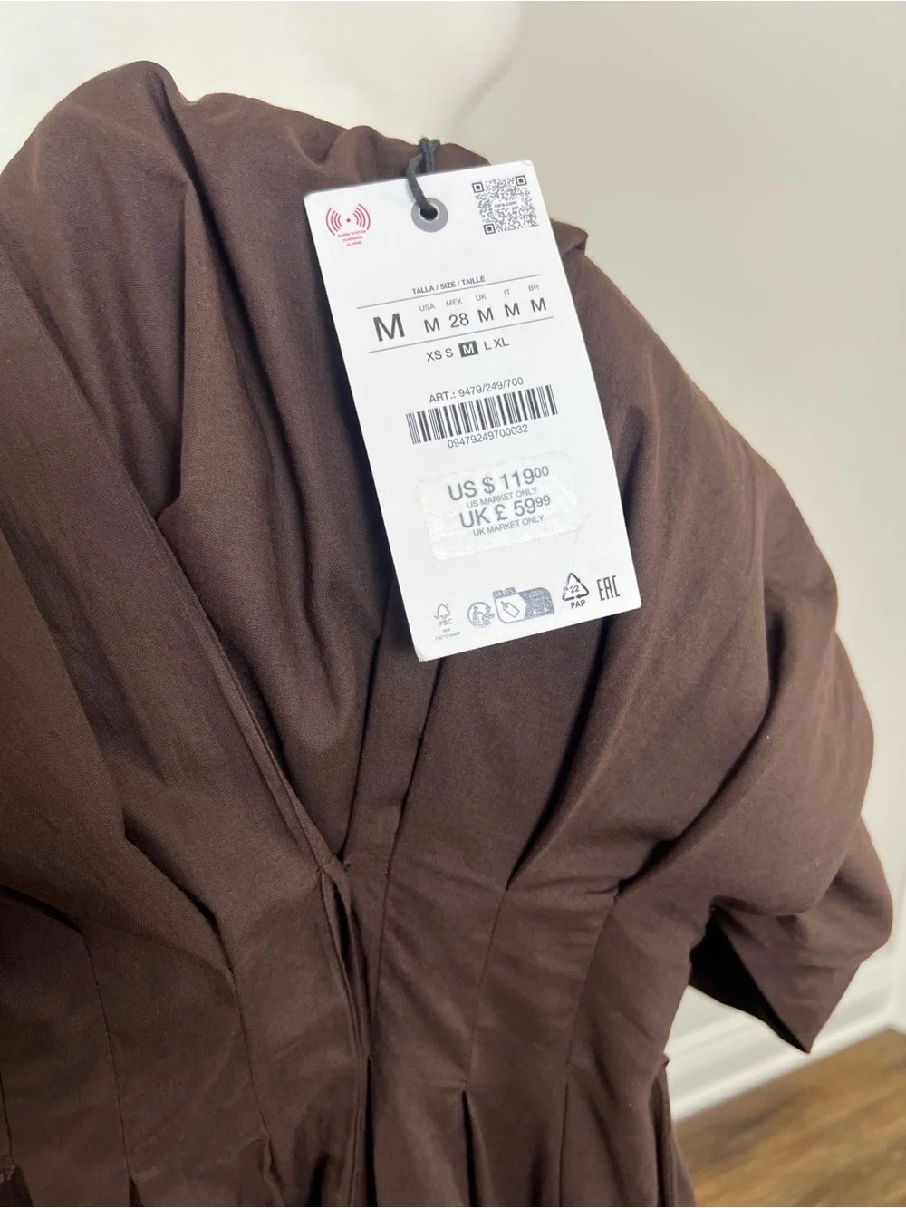 NWT Zara Brown Cotton Poplin Puff Sleeve Midi Dress Size M Pockets - Picture 11 of 12